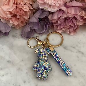 Multicolor Blue & Iridescent Crystal & Leather Strap Bear Keychain
